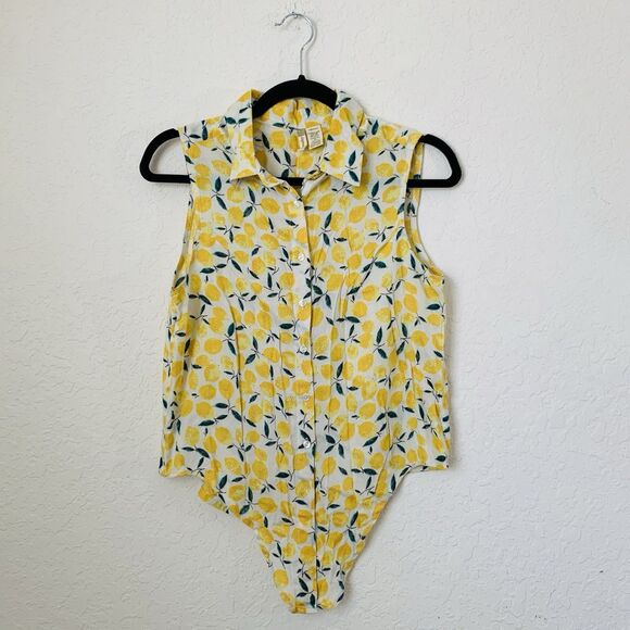 Japna Top Women M Lemon Yellow Sleeveless Button Up Tie Front Whimsy Preppy Boho - Picture 1 of 6